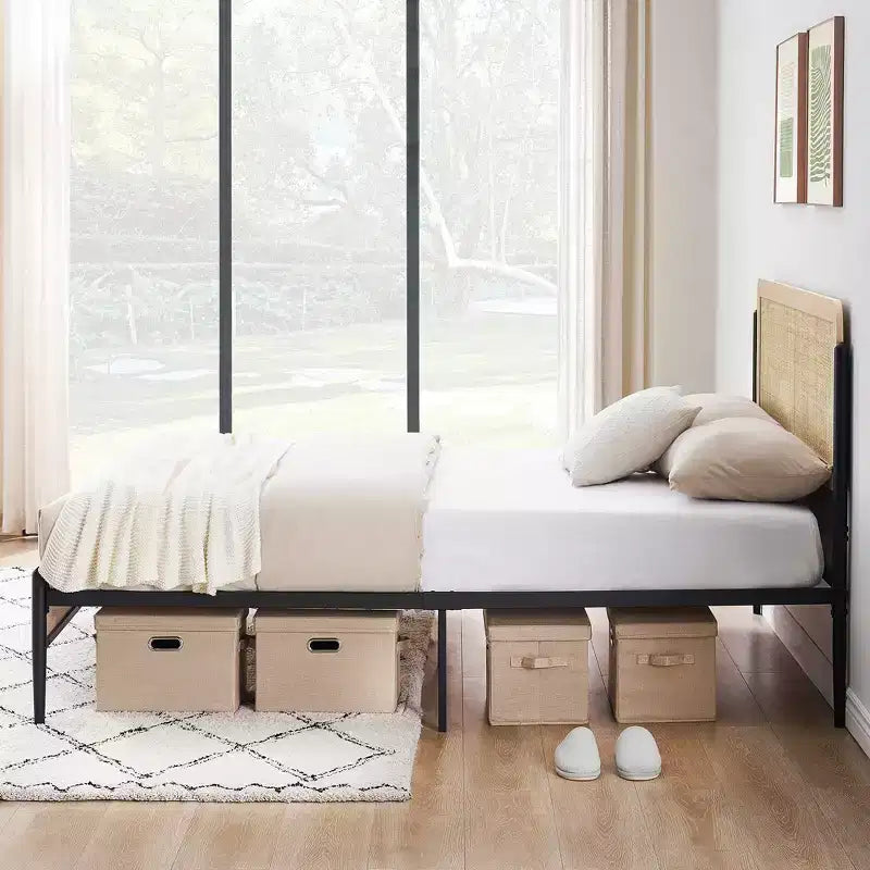 Full/Queen bed frame with curved metal rattan headboard and wooden footboard platform with under bed storage