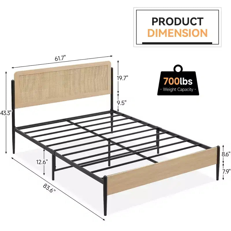 Full/Queen bed frame with curved metal rattan headboard and wooden footboard platform with under bed storage