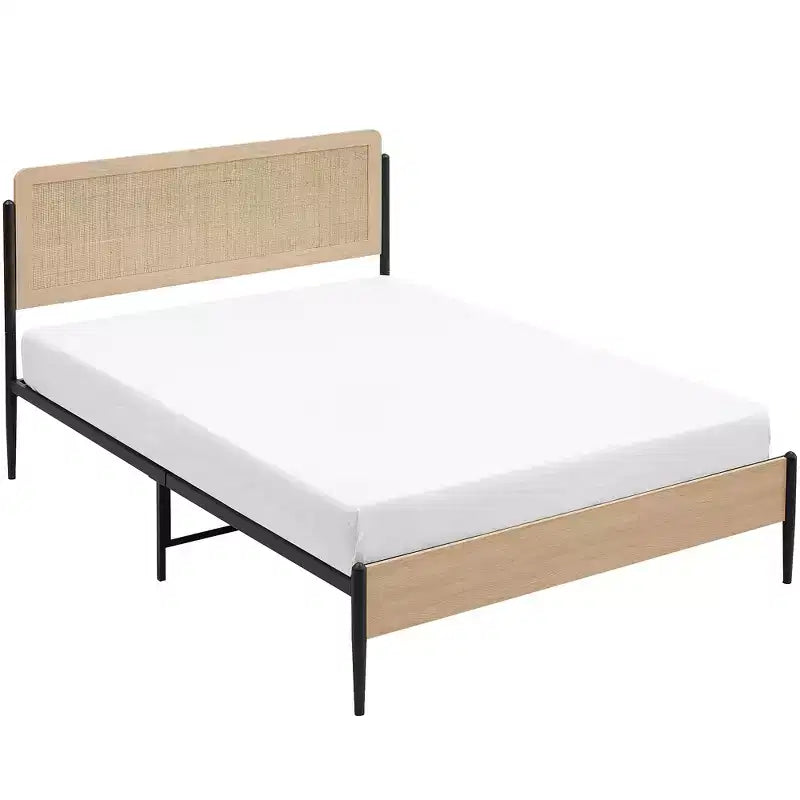 Full/Queen bed frame with curved metal rattan headboard and wooden footboard platform with under bed storage