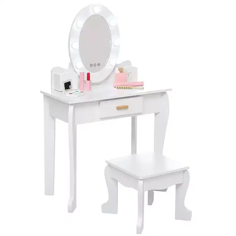 Kids Vanity Set with Mirror and Drawer - Pretend Play Dress-Up Fun, Lights & Wooden Makeup Playset for Girls 4-9 Yrs
