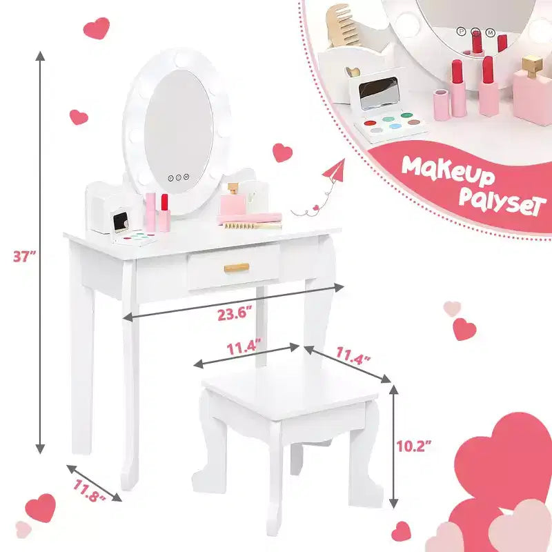 Kids Vanity Set with Mirror and Drawer - Pretend Play Dress-Up Fun, Lights & Wooden Makeup Playset for Girls 4-9 Yrs