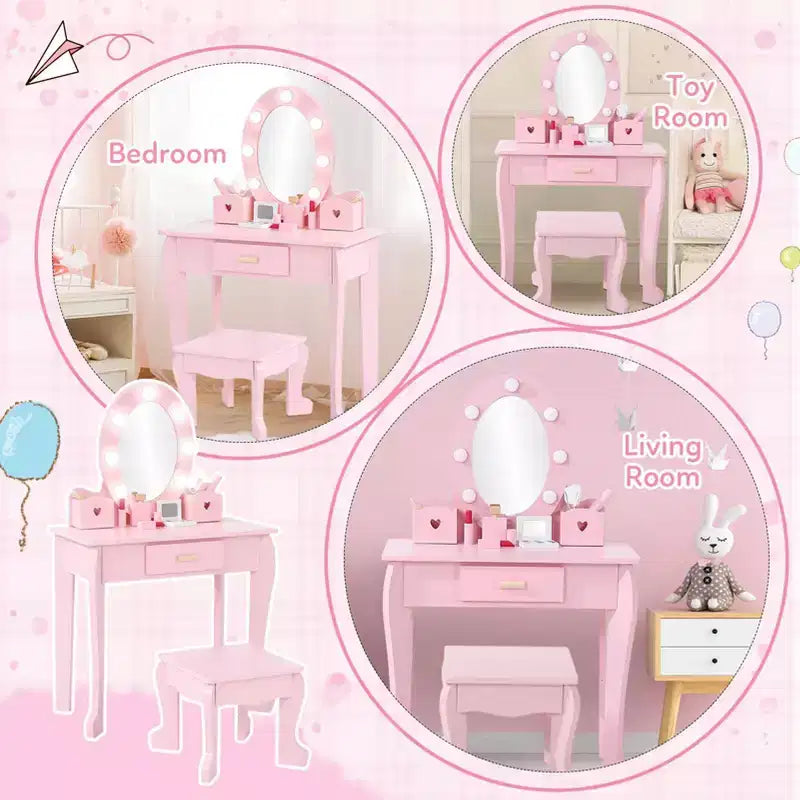Kids Vanity Set with Mirror and Drawer - Pretend Play Dress-Up Fun, Lights & Wooden Makeup Playset for Girls 4-9 Yrs
