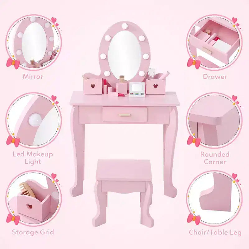 Kids Vanity Set with Mirror and Drawer - Pretend Play Dress-Up Fun, Lights & Wooden Makeup Playset for Girls 4-9 Yrs