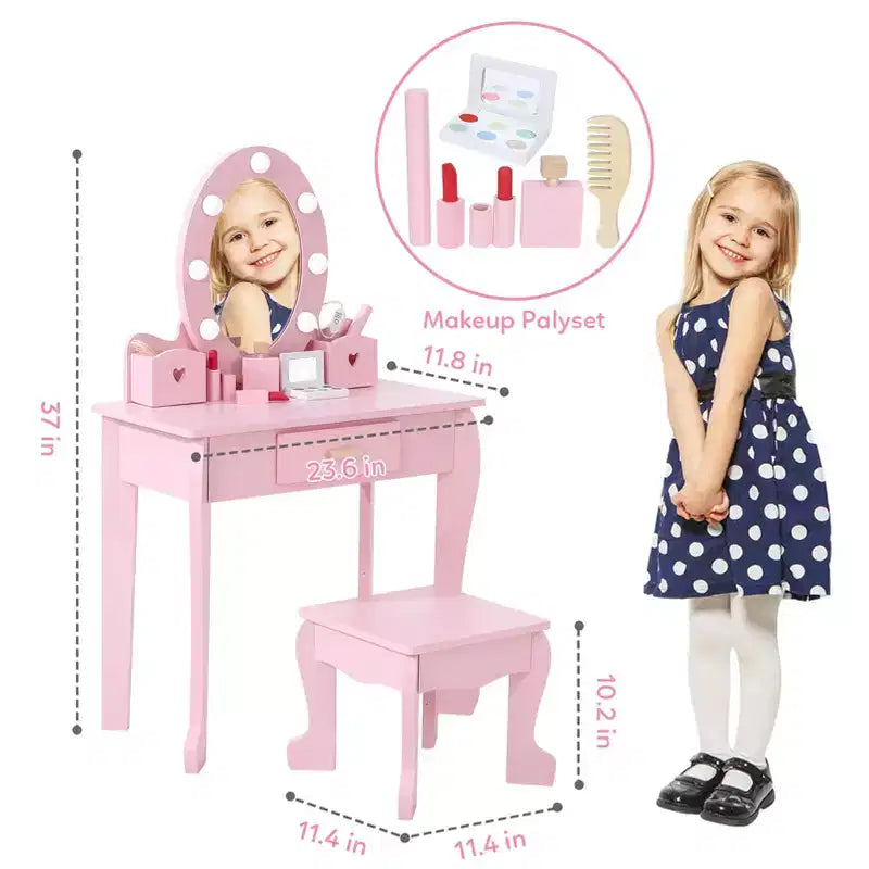Kids Vanity Set with Mirror and Drawer - Pretend Play Dress-Up Fun, Lights & Wooden Makeup Playset for Girls 4-9 Yrs