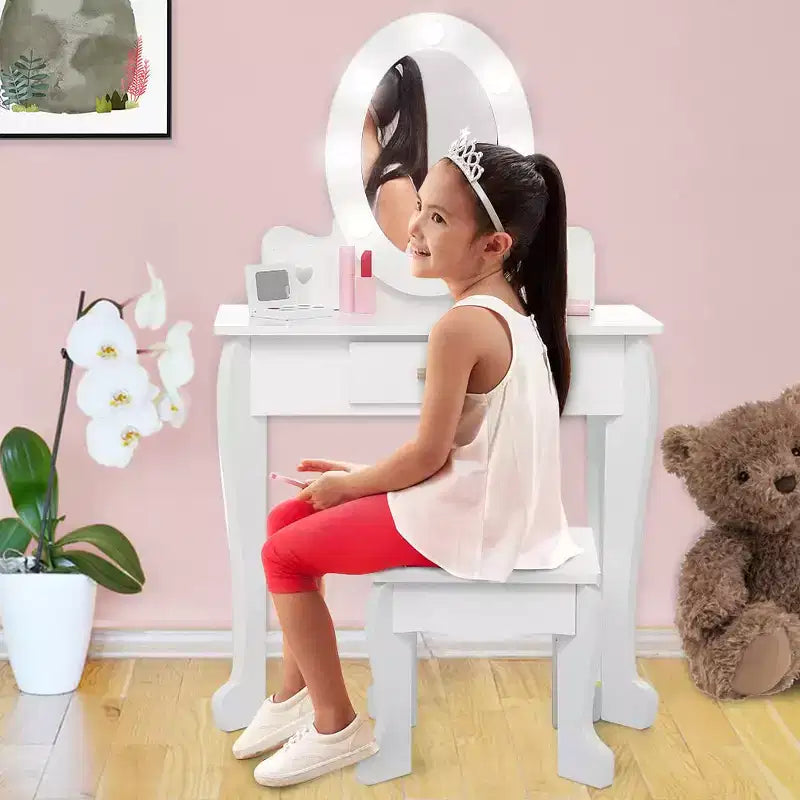 Kids Vanity Set with Mirror and Drawer - Pretend Play Dress-Up Fun, Lights & Wooden Makeup Playset for Girls 4-9 Yrs