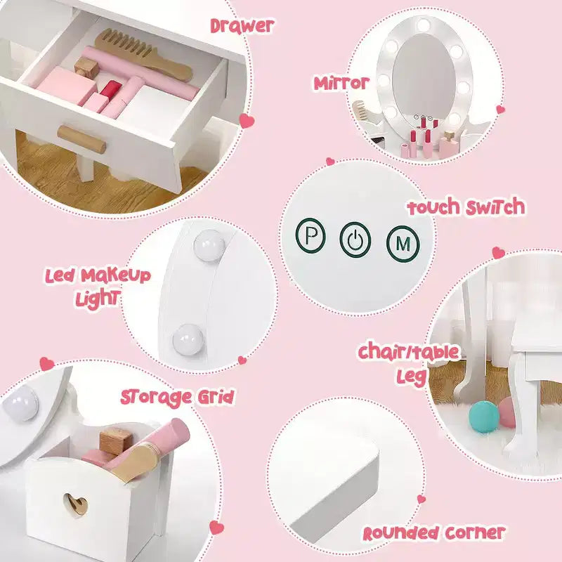 Kids Vanity Set with Mirror and Drawer - Pretend Play Dress-Up Fun, Lights & Wooden Makeup Playset for Girls 4-9 Yrs