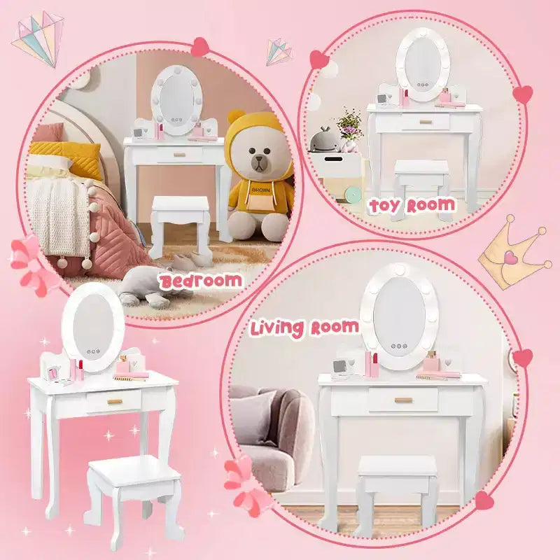 Kids Vanity Set with Mirror and Drawer - Pretend Play Dress-Up Fun, Lights & Wooden Makeup Playset for Girls 4-9 Yrs