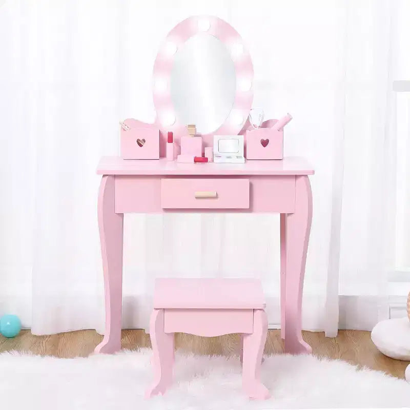 Kids Vanity Set with Mirror and Drawer - Pretend Play Dress-Up Fun, Lights & Wooden Makeup Playset for Girls 4-9 Yrs