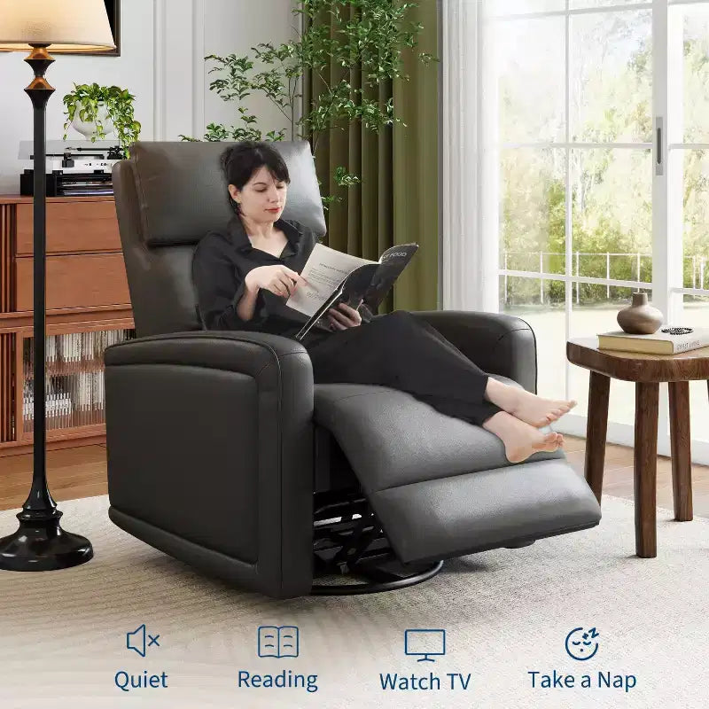 Manual Reclinder, 360 Swivel Rocking Glider Reclinder Chair, Soft Faux Leather Upholstered Sofa Chair with Ergonomic Backrest for Adults