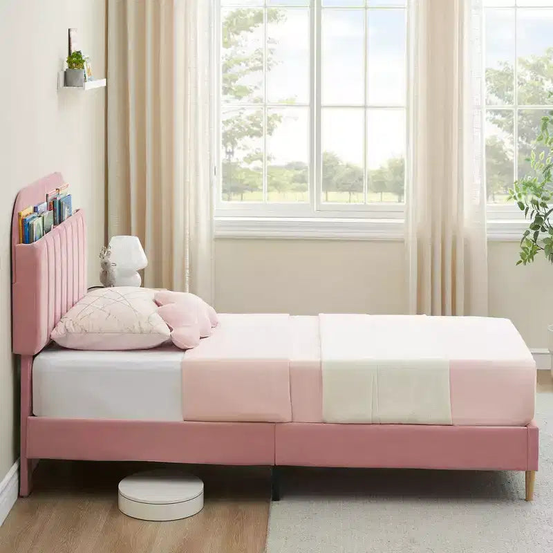 Twin Bed Frame with Bookcase Headboard, Upholstered Velvet Platform Bed - Heavy Duty Steel Legs, Noise-Free, Easy Assembly