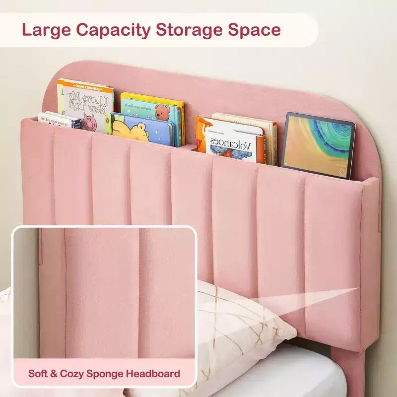 Twin Bed Frame with Bookcase Headboard, Upholstered Velvet Platform Bed - Heavy Duty Steel Legs, Noise-Free, Easy Assembly
