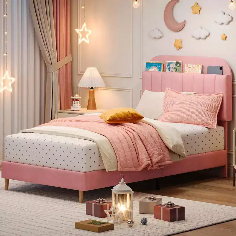 Twin Bed Frame with Bookcase Headboard, Upholstered Velvet Platform Bed - Heavy Duty Steel Legs, Noise-Free, Easy Assembly