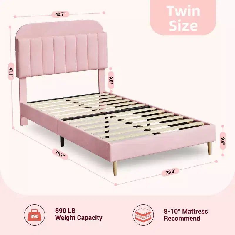 Twin Bed Frame with Bookcase Headboard, Upholstered Velvet Platform Bed - Heavy Duty Steel Legs, Noise-Free, Easy Assembly