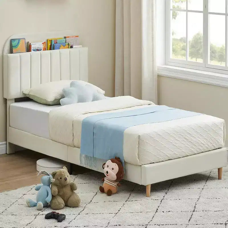 Twin Bed Frame with Bookcase Headboard, Upholstered Velvet Platform Bed - Heavy Duty Steel Legs, Noise-Free, Easy Assembly