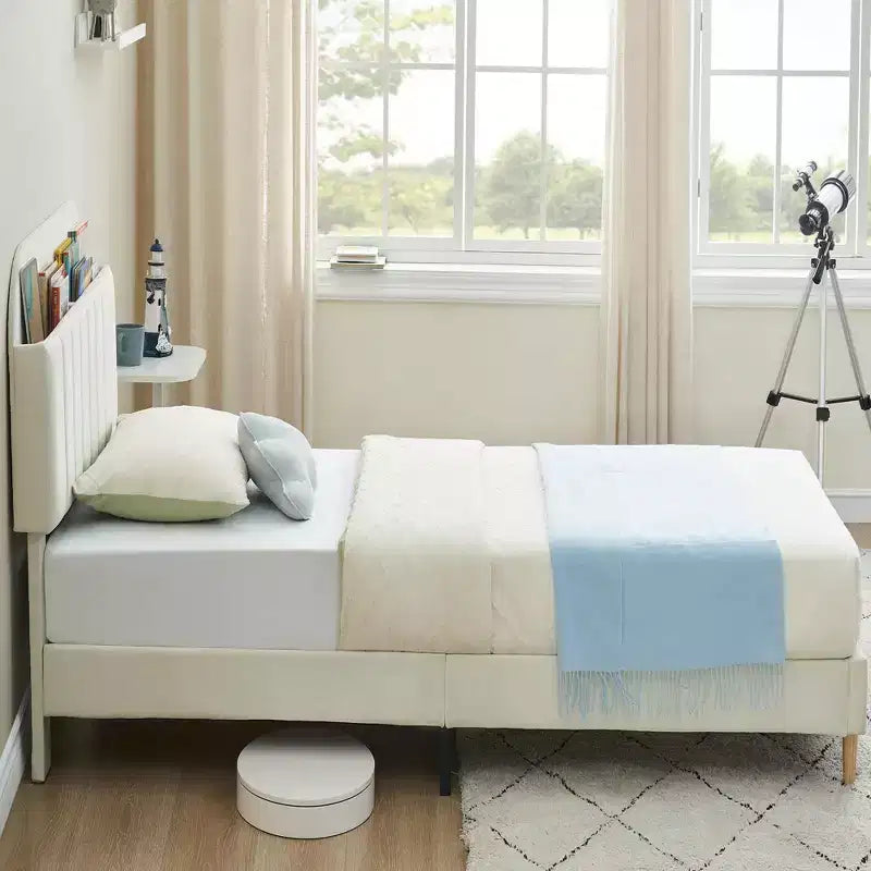 Twin Bed Frame with Bookcase Headboard, Upholstered Velvet Platform Bed - Heavy Duty Steel Legs, Noise-Free, Easy Assembly