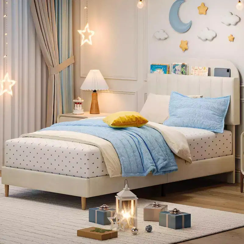 Twin Bed Frame with Bookcase Headboard, Upholstered Velvet Platform Bed - Heavy Duty Steel Legs, Noise-Free, Easy Assembly