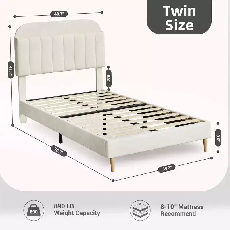 Twin Bed Frame with Bookcase Headboard, Upholstered Velvet Platform Bed - Heavy Duty Steel Legs, Noise-Free, Easy Assembly