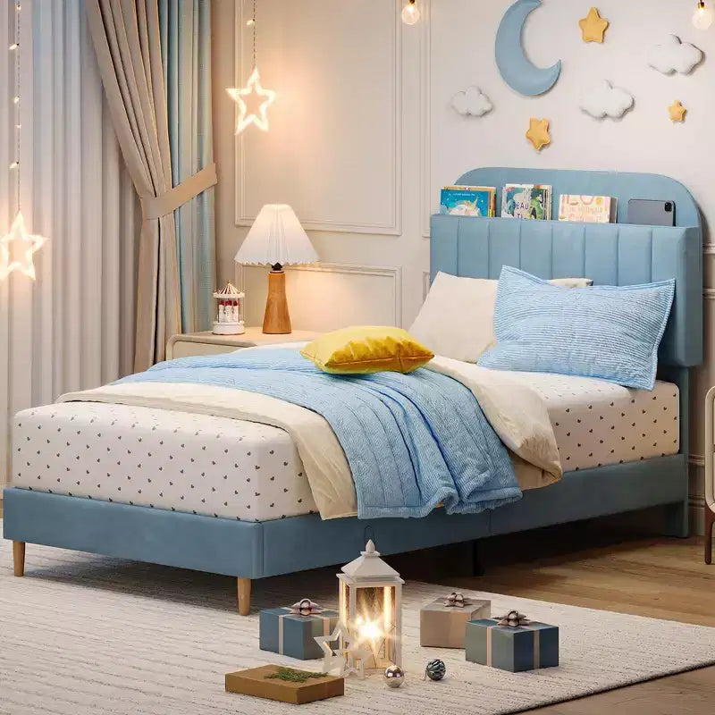 Twin Bed Frame with Bookcase Headboard, Upholstered Velvet Platform Bed - Heavy Duty Steel Legs, Noise-Free, Easy Assembly