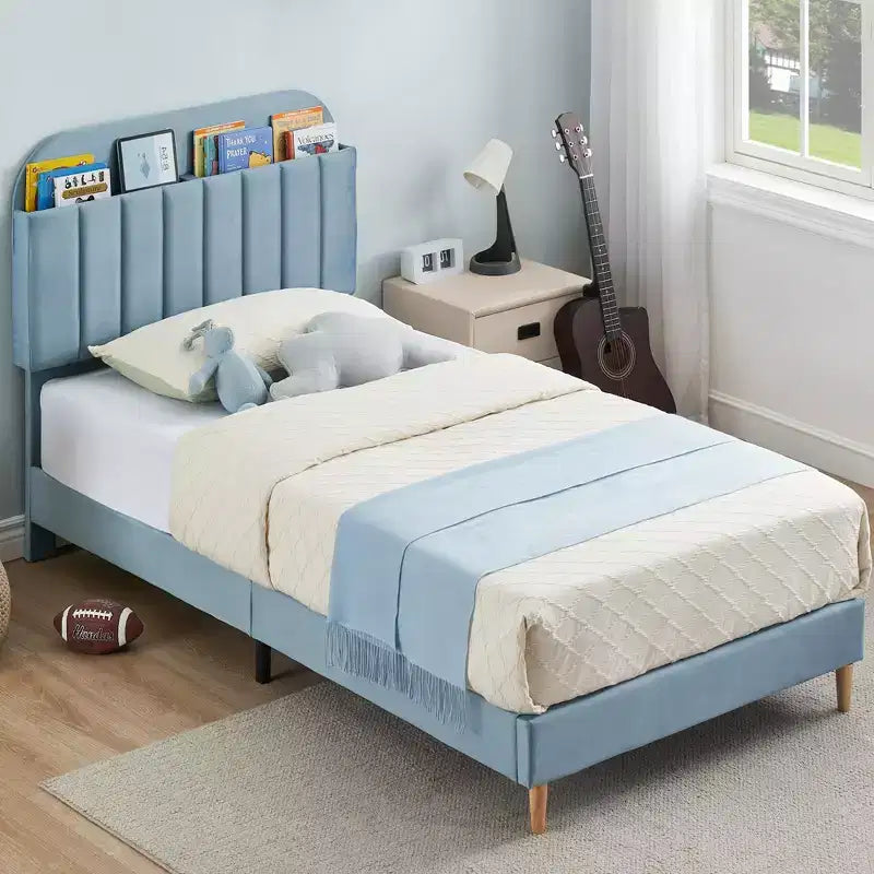 Twin Bed Frame with Bookcase Headboard, Upholstered Velvet Platform Bed - Heavy Duty Steel Legs, Noise-Free, Easy Assembly