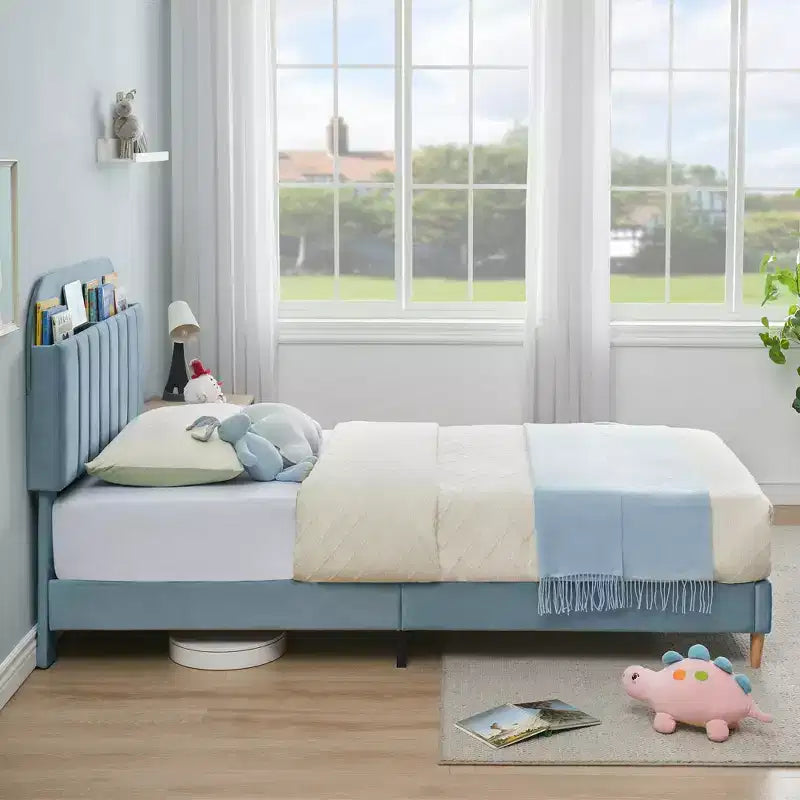 Twin Bed Frame with Bookcase Headboard, Upholstered Velvet Platform Bed - Heavy Duty Steel Legs, Noise-Free, Easy Assembly