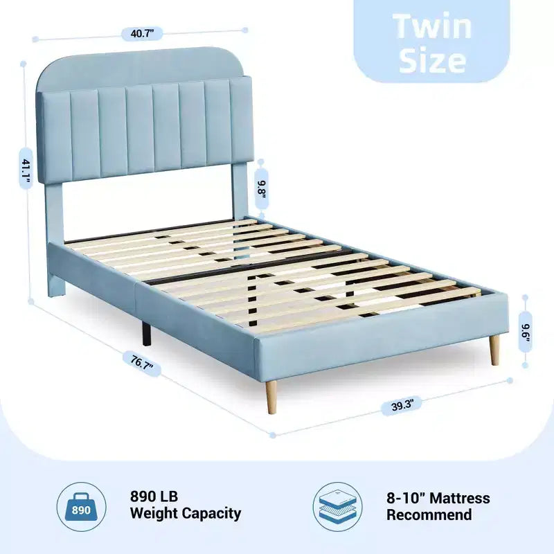 Twin Bed Frame with Bookcase Headboard, Upholstered Velvet Platform Bed - Heavy Duty Steel Legs, Noise-Free, Easy Assembly