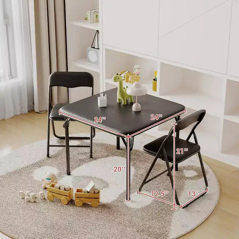3-Piece Folding Upholstered Table and Chair, Pu Soft Cushion, Metal Frame Children's Activity Table and Chairs Set for Daycare and Classroom, Black