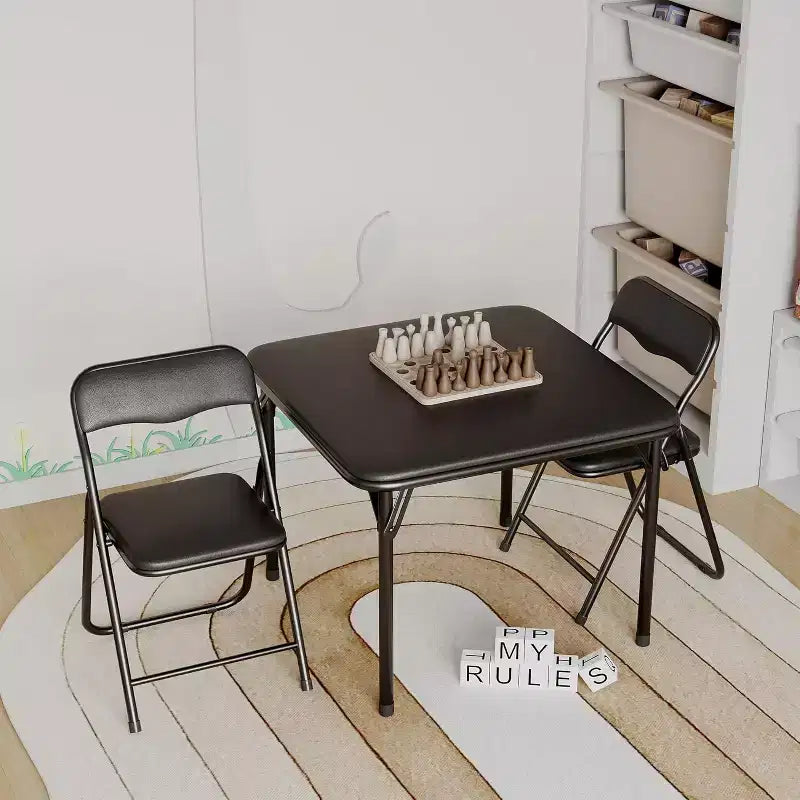 3-Piece Folding Upholstered Table and Chair, Pu Soft Cushion, Metal Frame Children's Activity Table and Chairs Set for Daycare and Classroom, Black