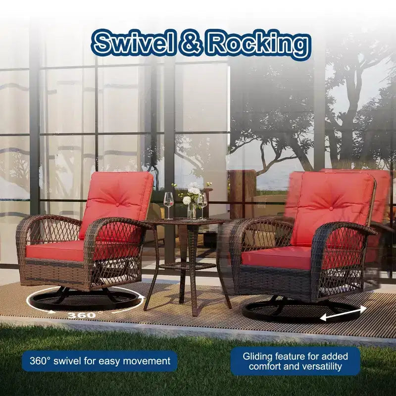 3 Pieces Patio Wicker Glider Chairs, Outdoor Swivel Rockers Patio Chairs Set of 2 with Thickened Cushions and Glass Coffee Table