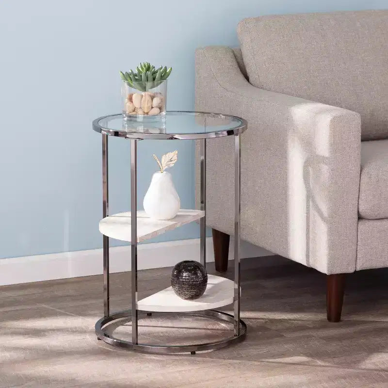 Ledermore Round Side Table with Faux Stone - Black - SEI
