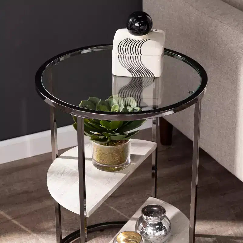 Ledermore Round Side Table with Faux Stone - Black - SEI