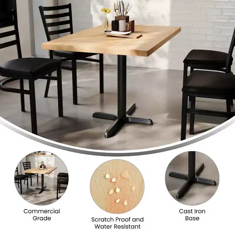 Flash Furniture Bennett Rectangular Solid Wood Commercial Indoor Tabletop with 23.75 x 29.5 Dining Height Rust-Resistant Cast Iron X-Base