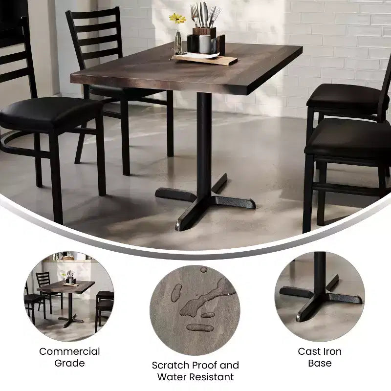 Flash Furniture Bennett Rectangular Solid Wood Commercial Indoor Tabletop with 23.75 x 29.5 Dining Height Rust-Resistant Cast Iron X-Base