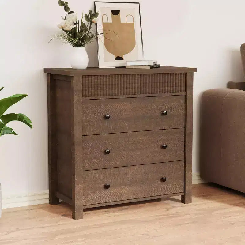 5 Drawer Dresser for Bedroom, Wooden Chest of Drawers, Fluted Storage Organizer for Living Room, Hallway and Entryway, Walnut