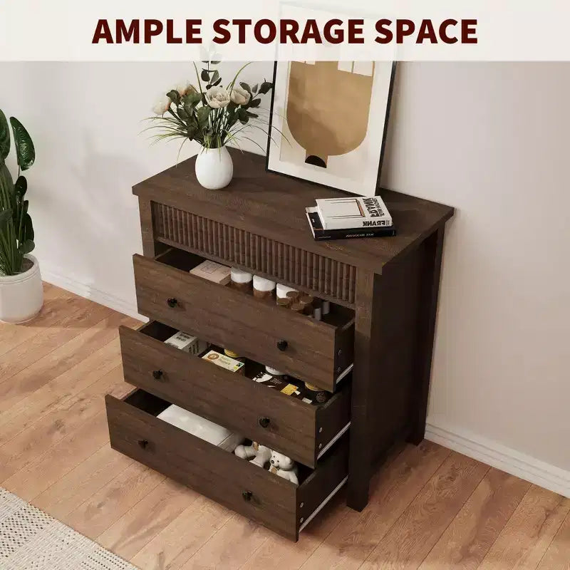 5 Drawer Dresser for Bedroom, Wooden Chest of Drawers, Fluted Storage Organizer for Living Room, Hallway and Entryway, Walnut