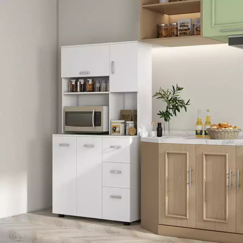HOMCOM 66 Buffet with Hutch, Freestanding Kitchen Pantry with 2 Large Cabinets, 1 Pull Up Cabinet, 3 Drawers & Wide Countertop, White