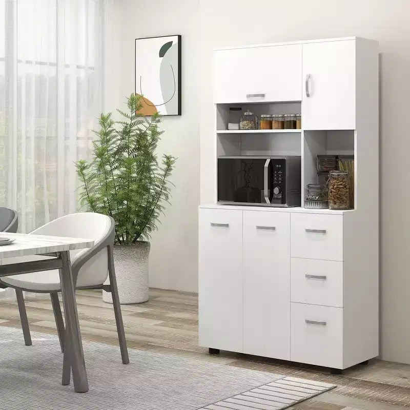 HOMCOM 66 Buffet with Hutch, Freestanding Kitchen Pantry with 2 Large Cabinets, 1 Pull Up Cabinet, 3 Drawers & Wide Countertop, White