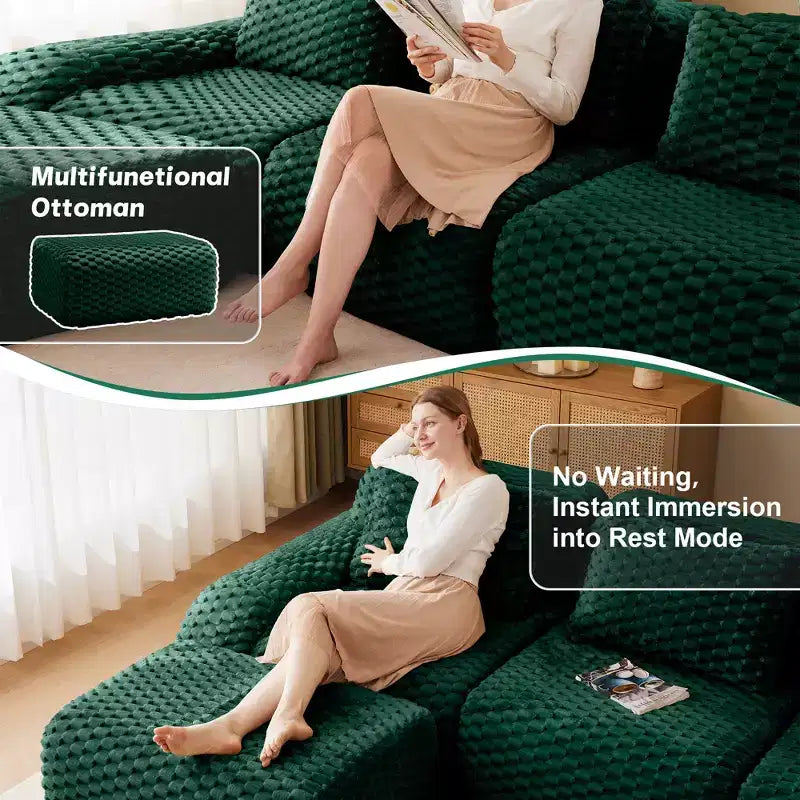 114 Modular Sectional Sofa Flannelette 3-Seater Deep Seat Buckle No Assembly Green