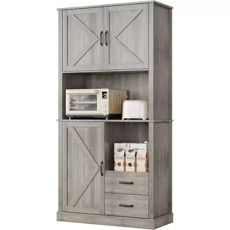 Tall Bar Cabinet, Adjustable Shelves & Drawers, TackView Modern Kitchen Pantry Hutch with Microwave Stand, Large Wood Storage for Dining/Living Room