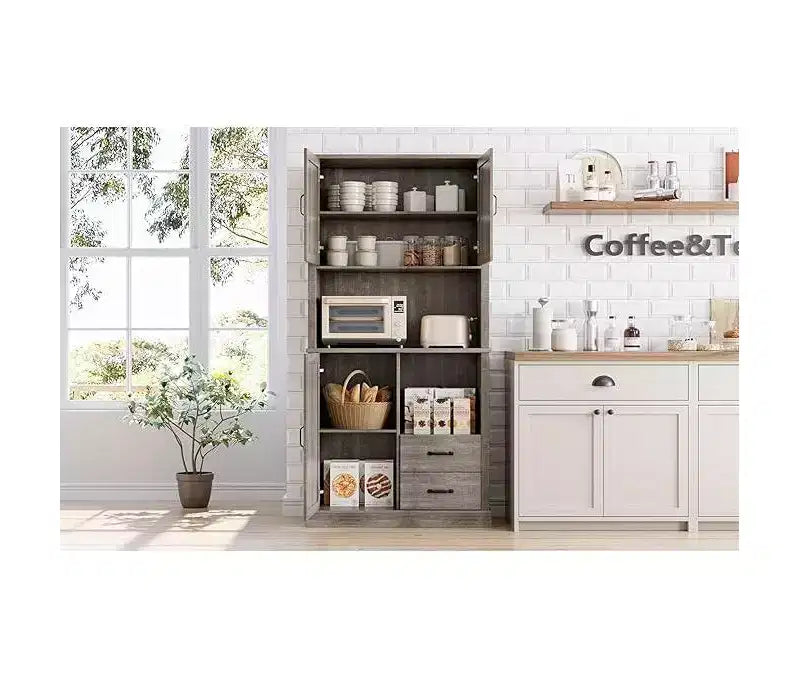 Tall Bar Cabinet, Adjustable Shelves & Drawers, TackView Modern Kitchen Pantry Hutch with Microwave Stand, Large Wood Storage for Dining/Living Room