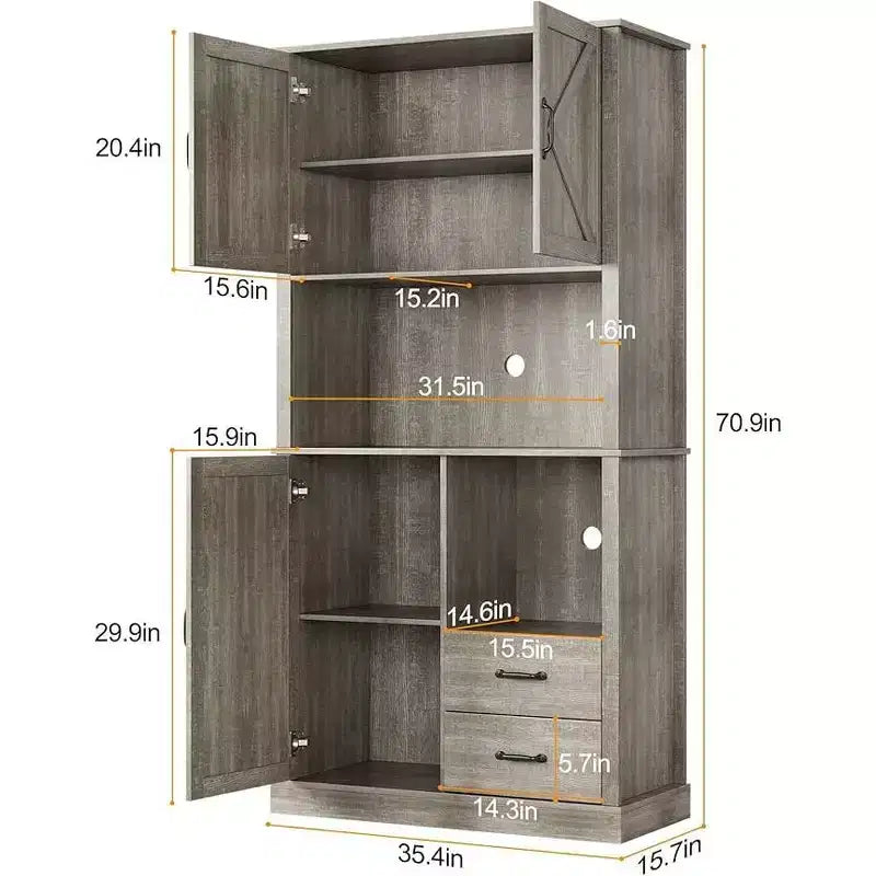 Tall Bar Cabinet, Adjustable Shelves & Drawers, TackView Modern Kitchen Pantry Hutch with Microwave Stand, Large Wood Storage for Dining/Living Room