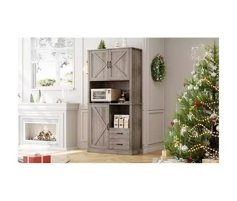 Tall Bar Cabinet, Adjustable Shelves & Drawers, TackView Modern Kitchen Pantry Hutch with Microwave Stand, Large Wood Storage for Dining/Living Room