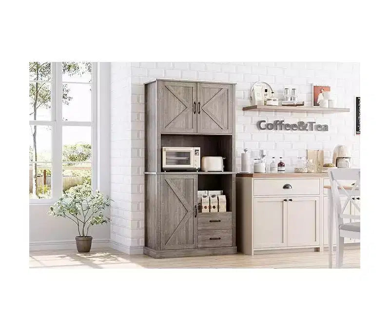 Tall Bar Cabinet, Adjustable Shelves & Drawers, TackView Modern Kitchen Pantry Hutch with Microwave Stand, Large Wood Storage for Dining/Living Room