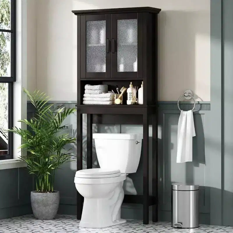 Over Toilet Storage Cabinet, Bathroom Organizer with Glass Doors and Adjustable Shelf, Thick Frame, Espresso Color