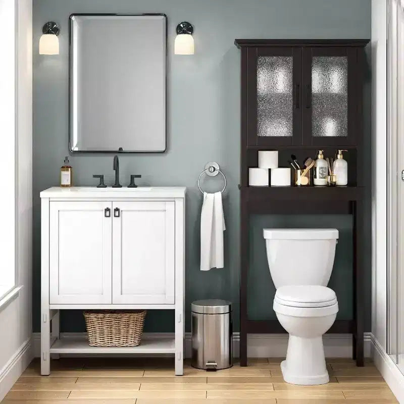 Over Toilet Storage Cabinet, Bathroom Organizer with Glass Doors and Adjustable Shelf, Thick Frame, Espresso Color
