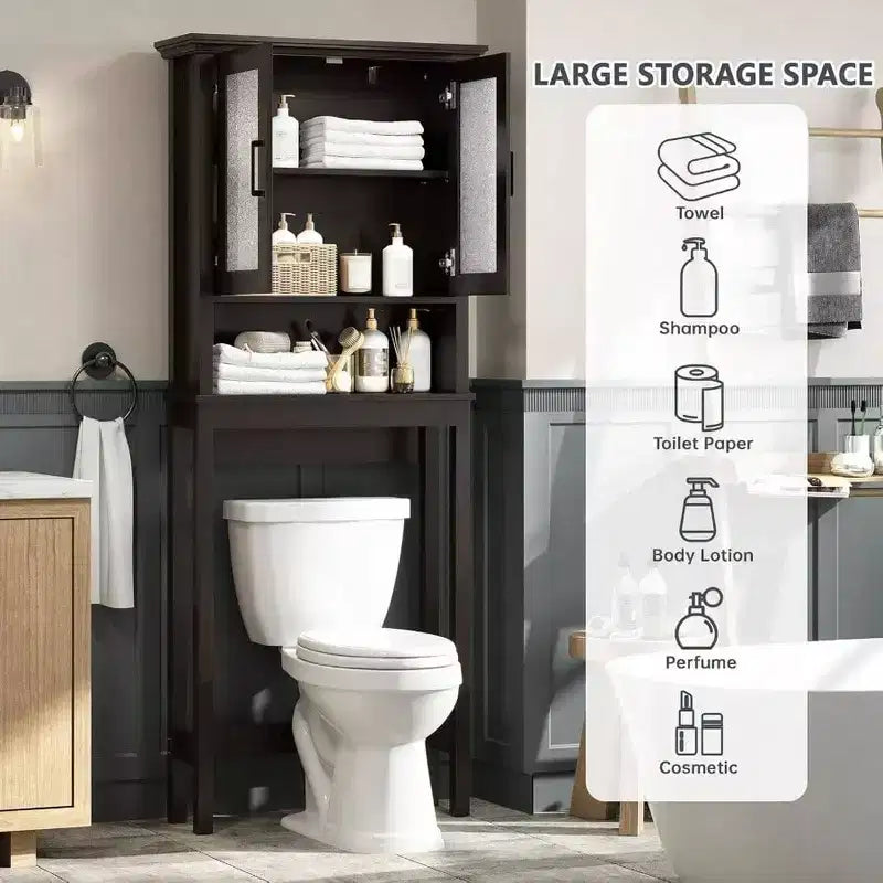 Over Toilet Storage Cabinet, Bathroom Organizer with Glass Doors and Adjustable Shelf, Thick Frame, Espresso Color