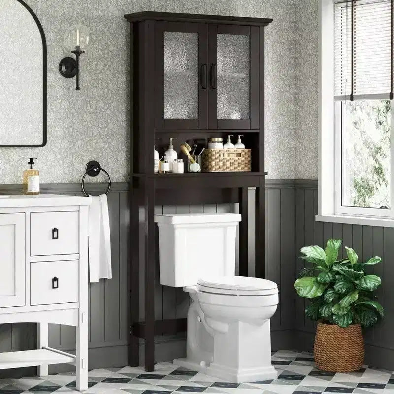 Over Toilet Storage Cabinet, Bathroom Organizer with Glass Doors and Adjustable Shelf, Thick Frame, Espresso Color