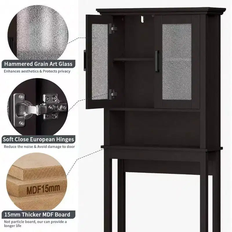 Over Toilet Storage Cabinet, Bathroom Organizer with Glass Doors and Adjustable Shelf, Thick Frame, Espresso Color