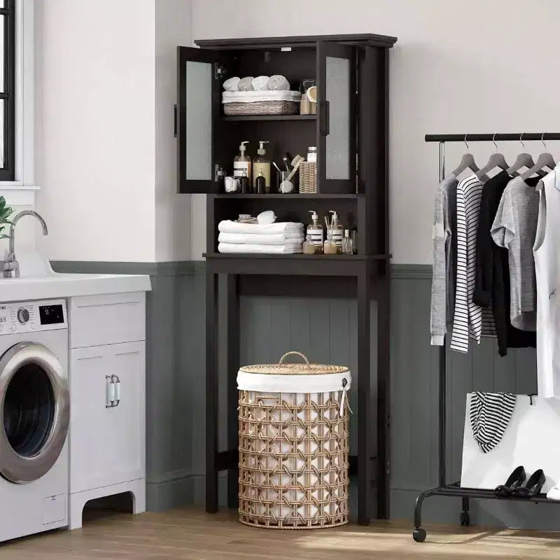 Over Toilet Storage Cabinet, Bathroom Organizer with Glass Doors and Adjustable Shelf, Thick Frame, Espresso Color