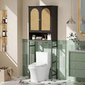 Rattan Toilet Storage Cabinet Over the Rack Wood Cabinet with Metal Stand Bathroom Organizer Adjustable Shelf Tall Freestanding