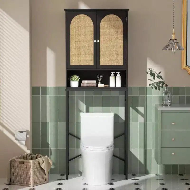 Rattan Toilet Storage Cabinet Over the Rack Wood Cabinet with Metal Stand Bathroom Organizer Adjustable Shelf Tall Freestanding